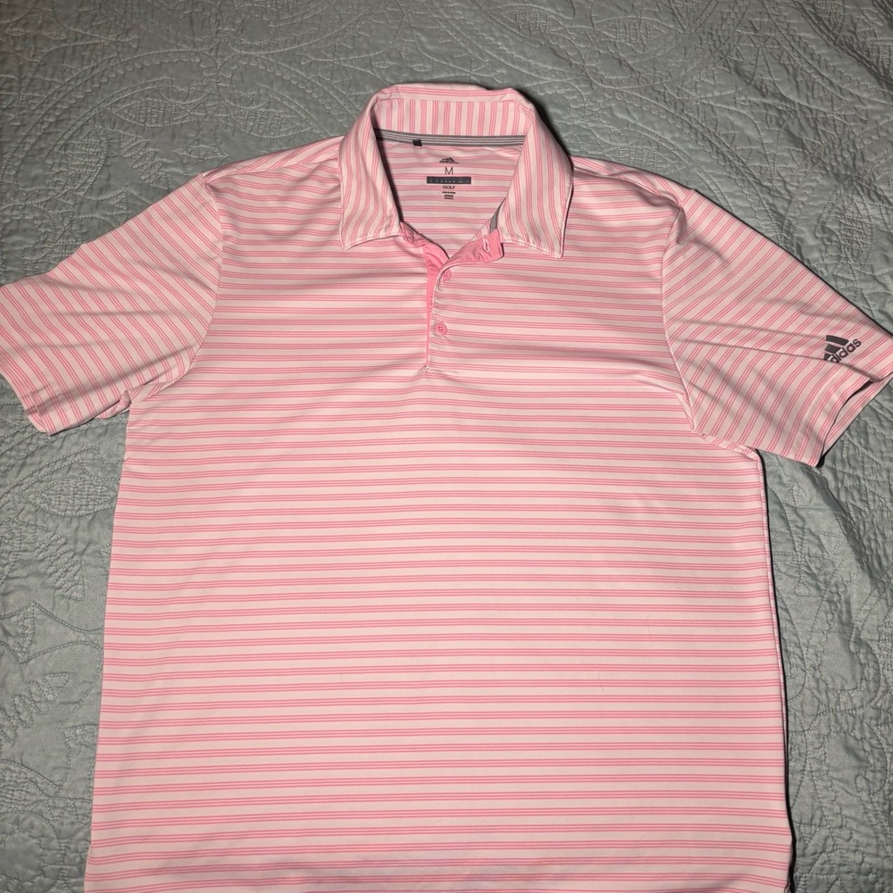 Adidas Golf Pink Striped Polo Shirt Men’s Medium - Picture 2 of 5